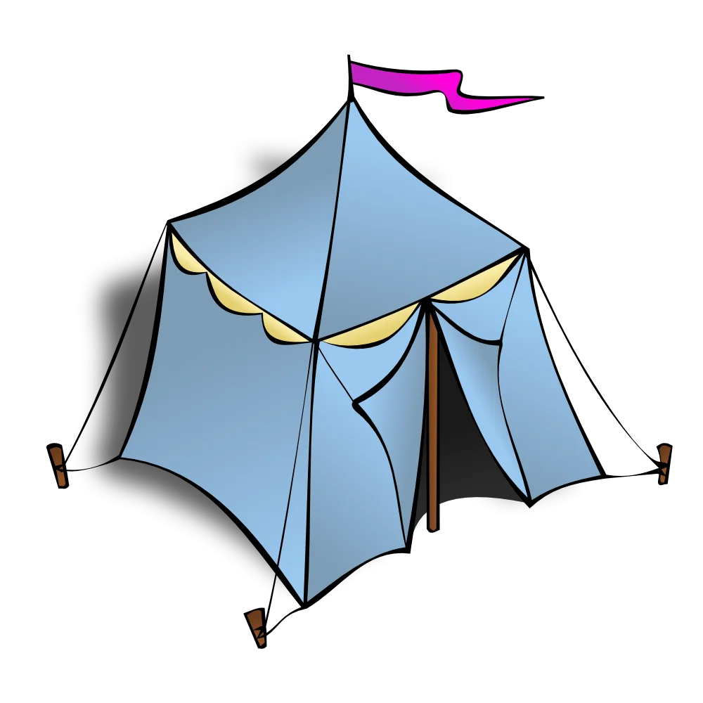 Whimsical Blue Medieval-Style Camping Tent Clipart with Purple Flag