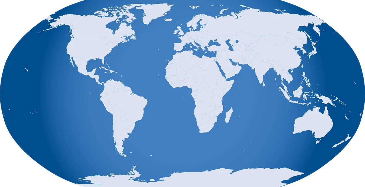 Blue and White World Map Global Projection Cartographic Clipart Illustration