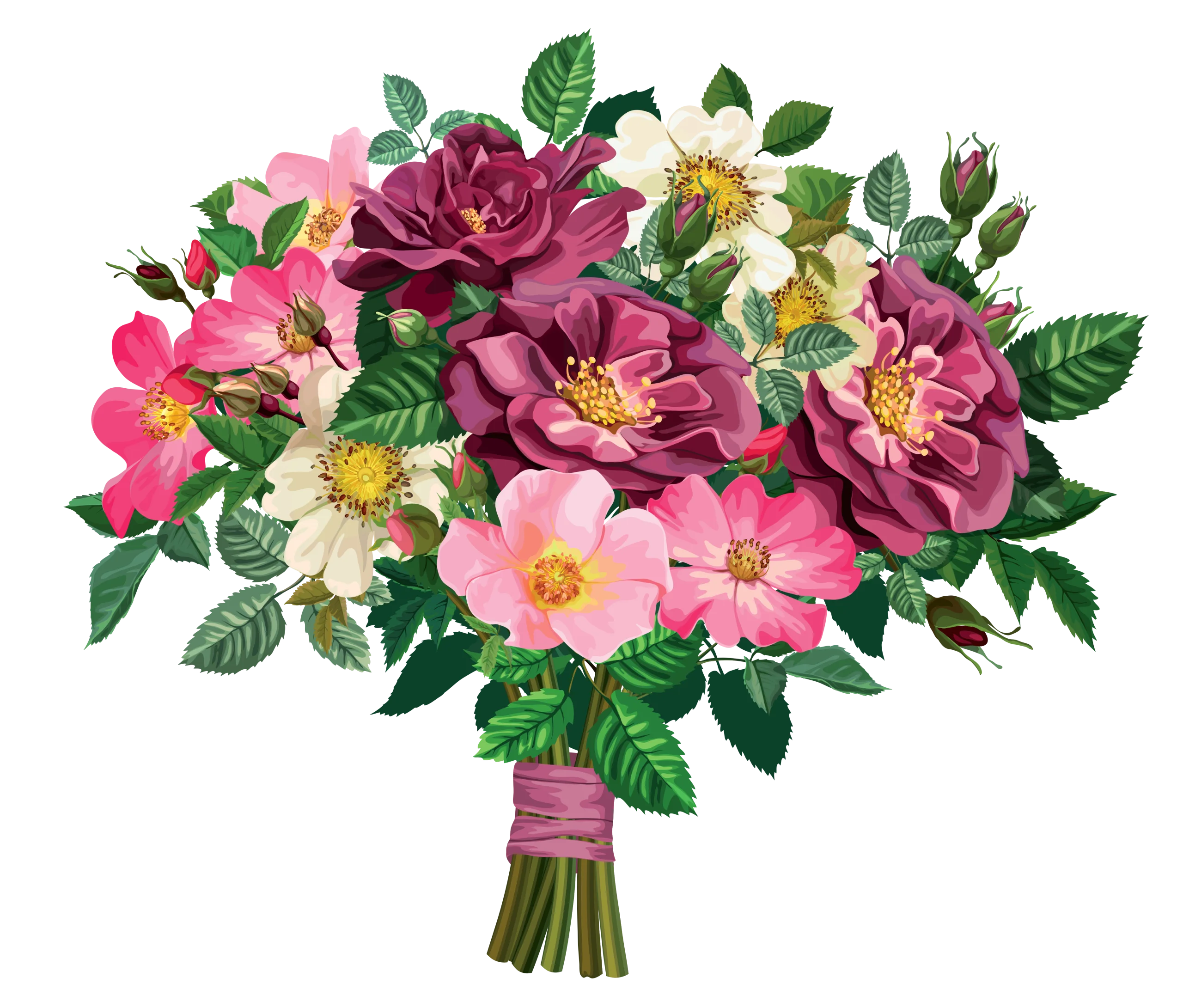 Romantic Floral Bouquet Clipart with Lush Roses and Delicate Wildflowers