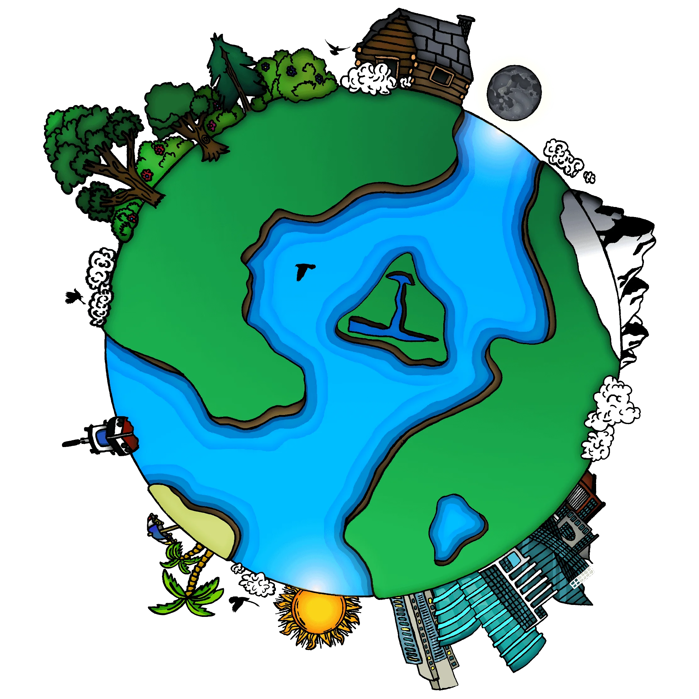 Whimsical Global Landscape Depicting Earth's Diverse Environments Clipart Illustration