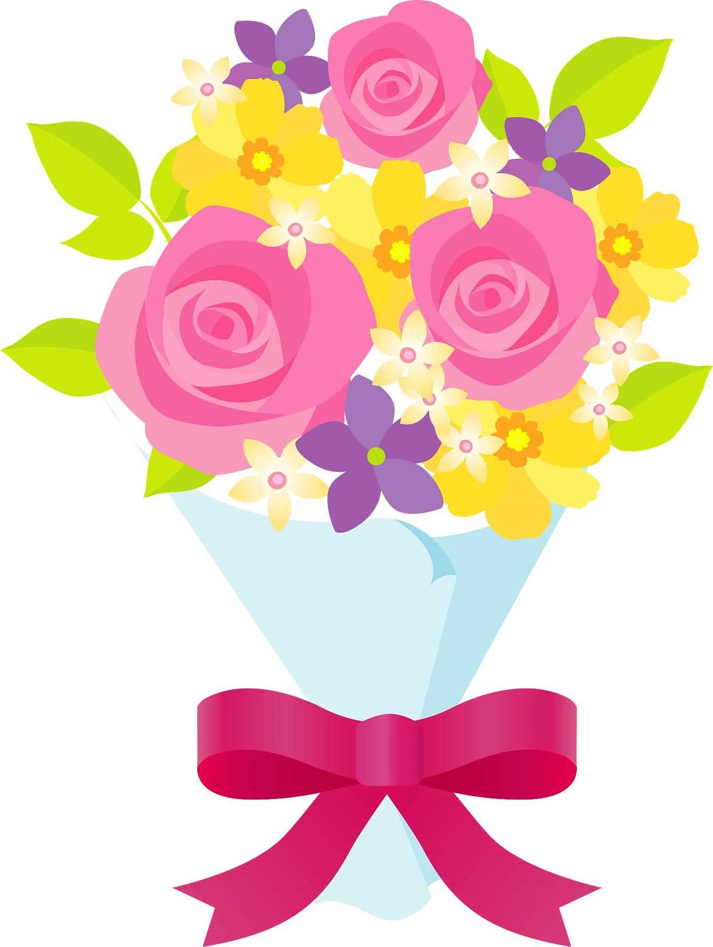 Cheerful Spring Flower Bouquet Clipart with Soft Pink Roses and Yellow Blossoms
