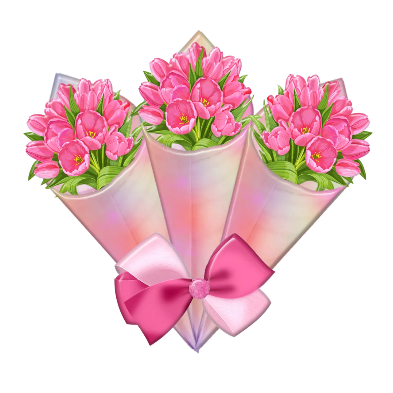 Delicate Pink Tulip Bouquets Wrapped in Soft Pastel Clipart Design with Ribbon