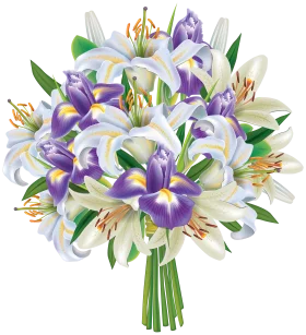 Elegant Iris and Lily Flower Bouquet Clipart with Soft Purple and White Petals