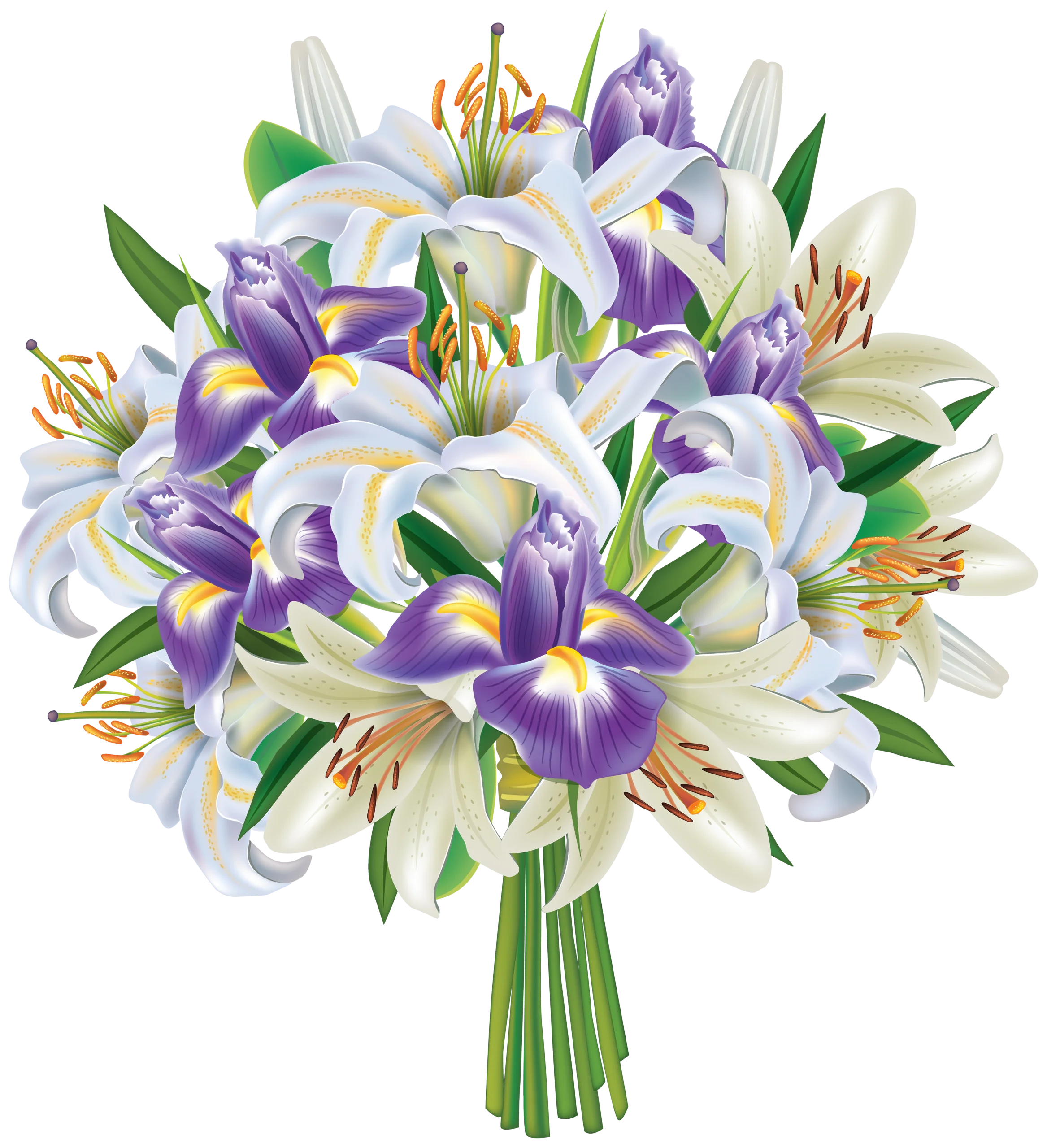 Elegant Iris and Lily Flower Bouquet Clipart with Soft Purple and White Petals