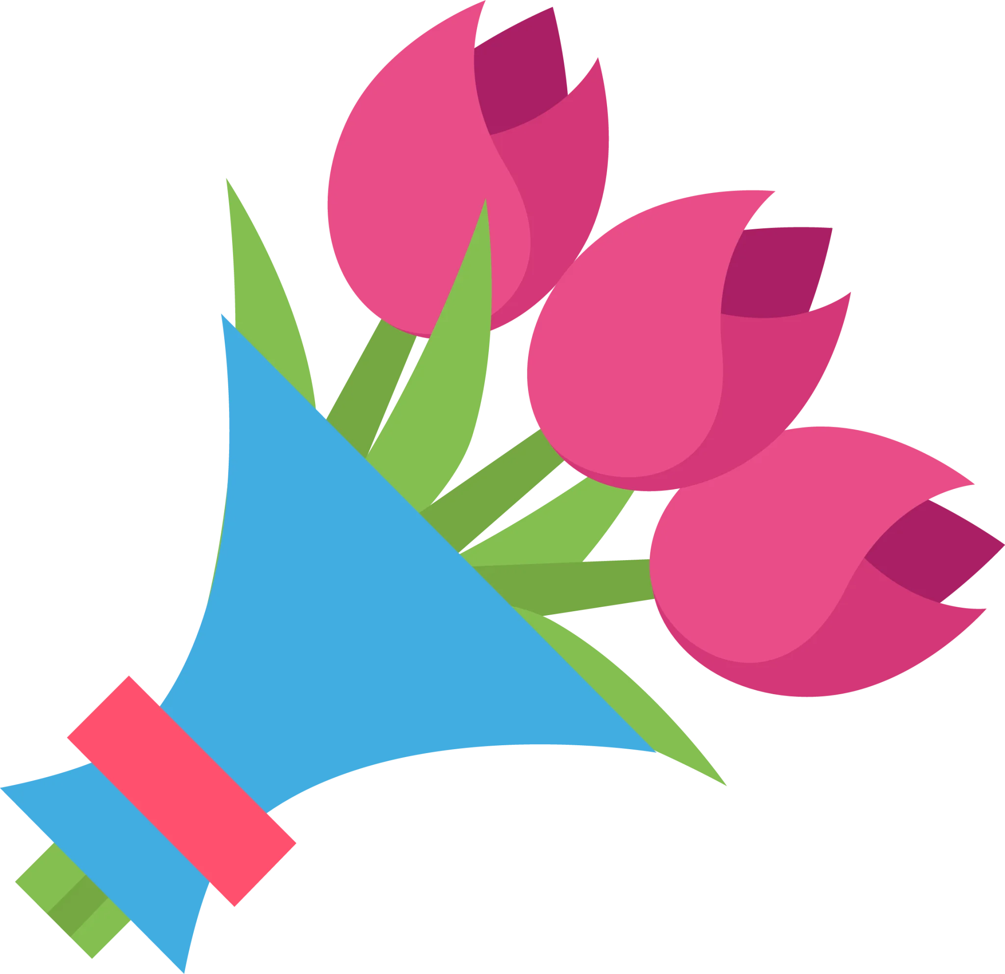 Stylish Pink Tulip Bouquet Clipart with Blue Wrap and Colorful Ribbon