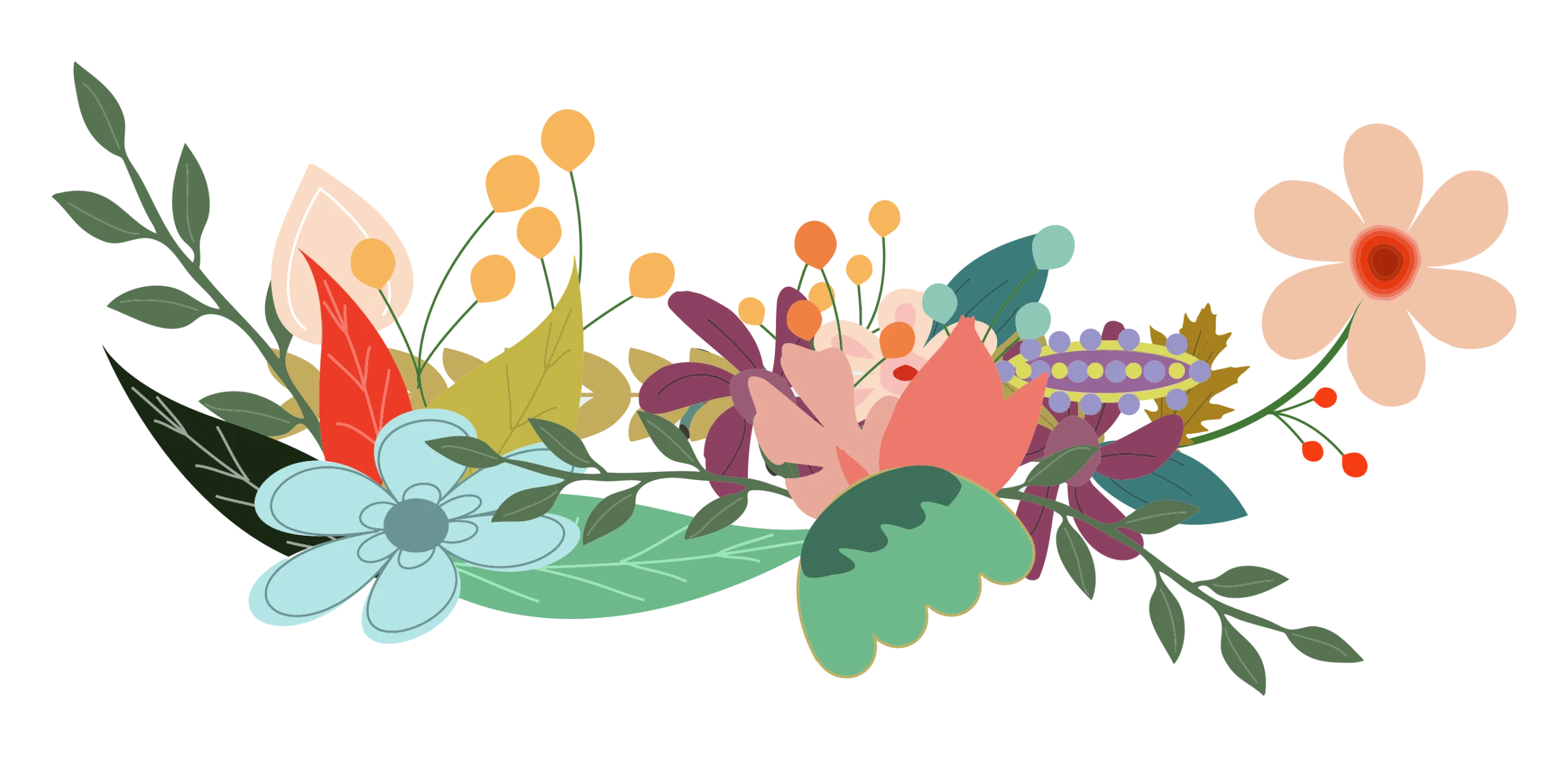 Whimsical Floral Arrangement Clipart with Soft Pastel Color Palette and Delicate Botanical Elements