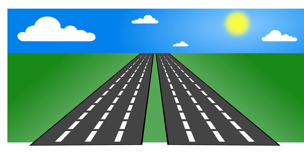 Endless Highway Perspective Clipart: Journey Through Green Landscape and Blue Sky