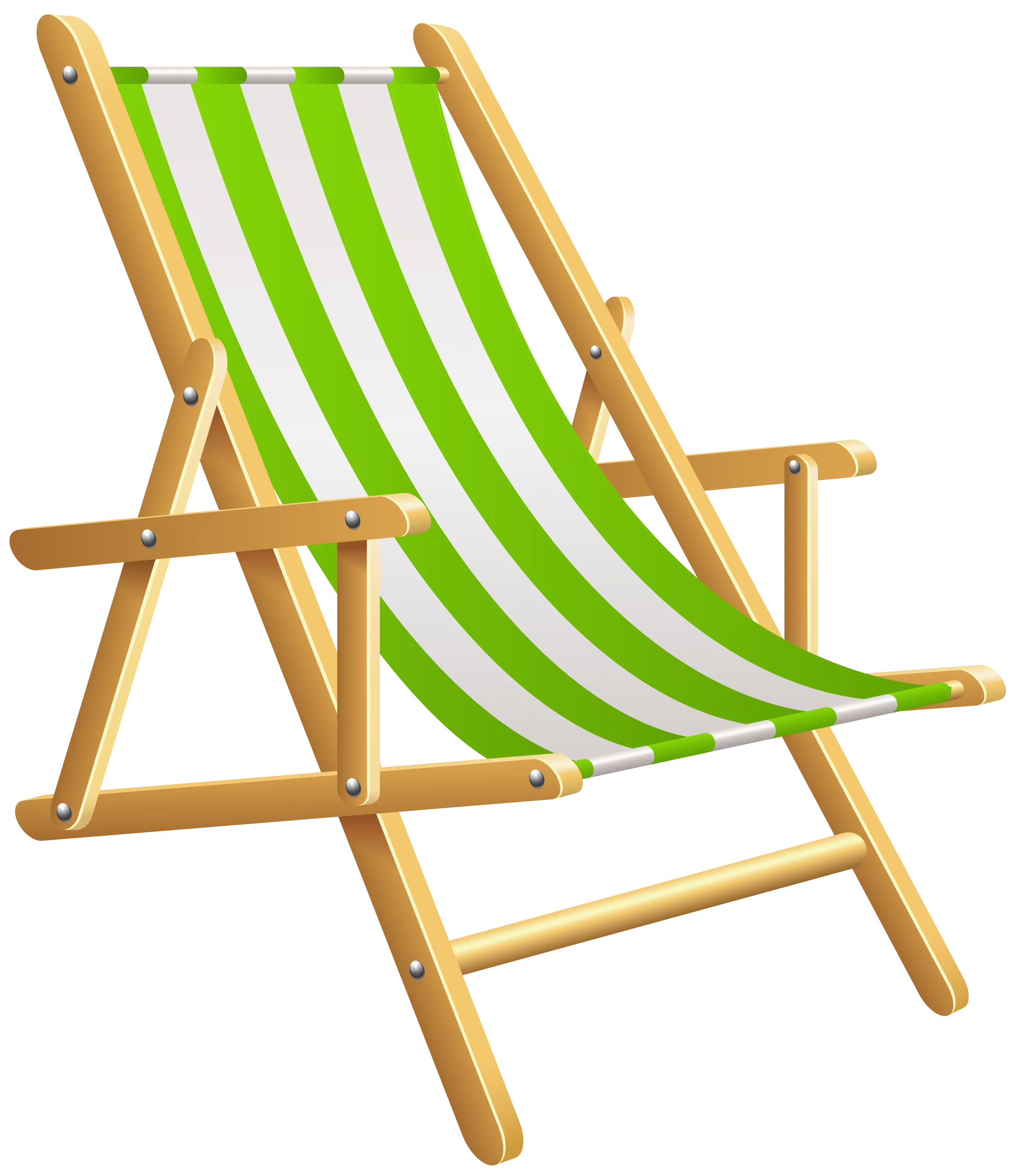 Folding Wooden Beach Deck Chair Clipart with Green and White Stripes