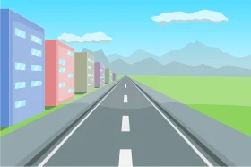 Long Urban Highway Road Clipart with Modern Colorful Buildings and Mountains
