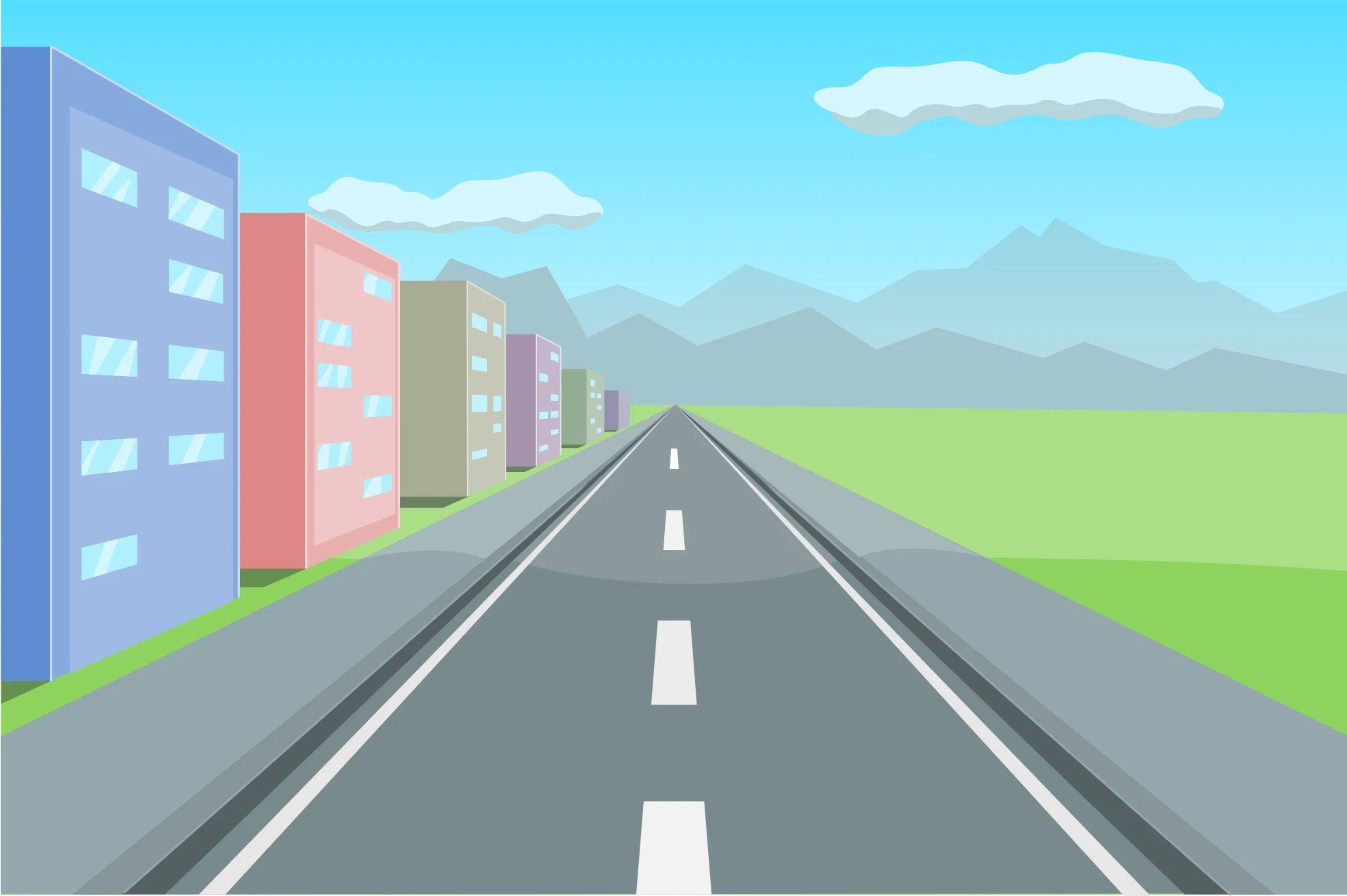Long Urban Highway Road Clipart with Modern Colorful Buildings and Mountains