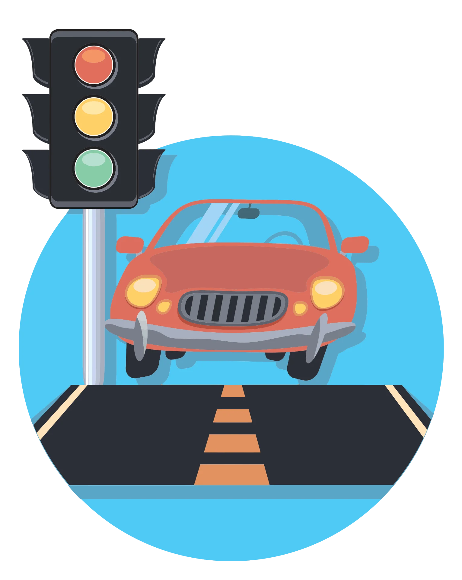 Stylized Traffic Safety Clipart Featuring Red Car and Signal Light