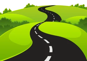 Winding Black and White Road Clipart Through Lush Green Rolling Landscape