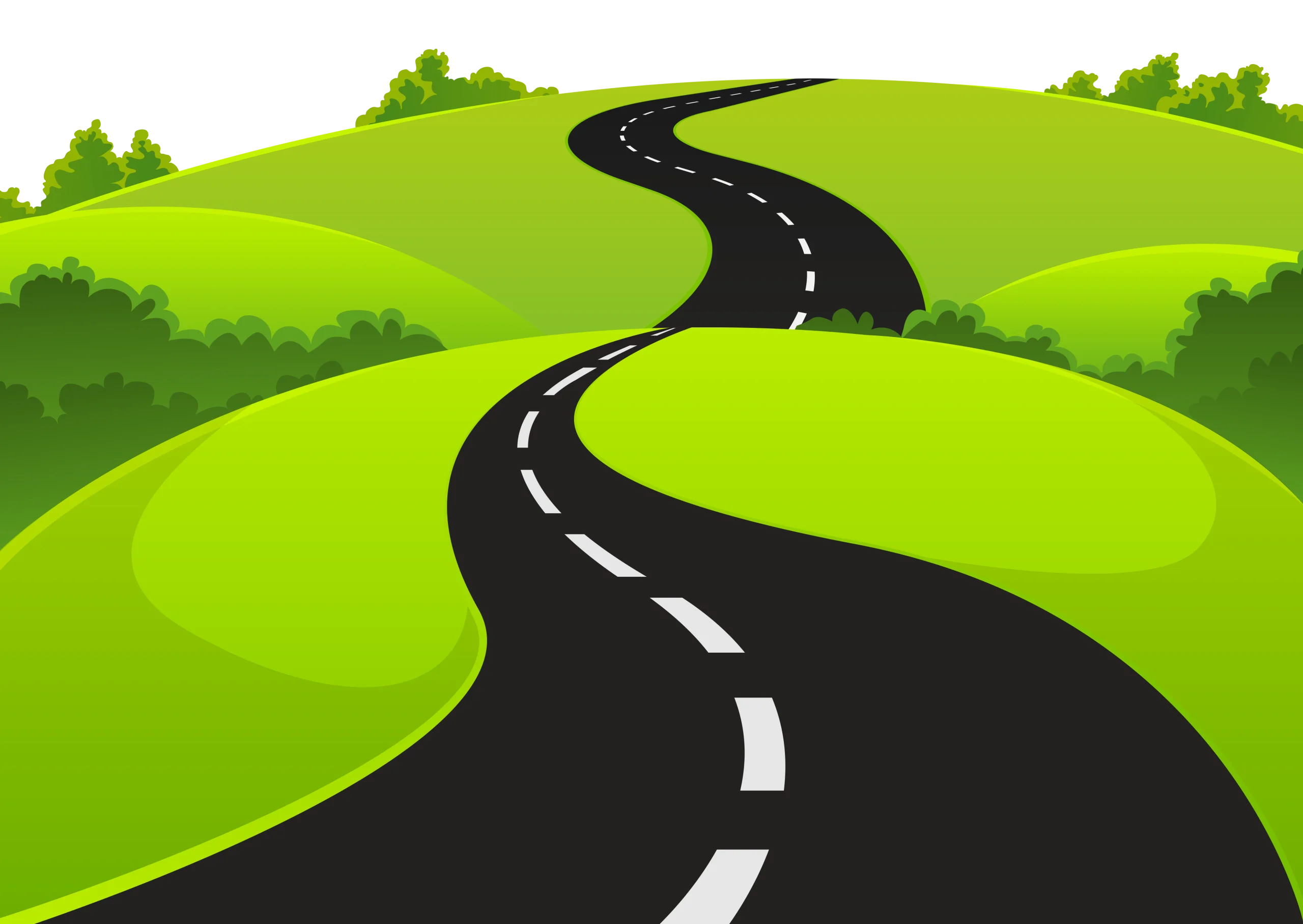 Winding Black and White Road Clipart Through Lush Green Rolling Landscape