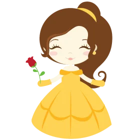 Adorable Belle-Inspired Princess Cartoon Clipart with Rose and Elegant Gown