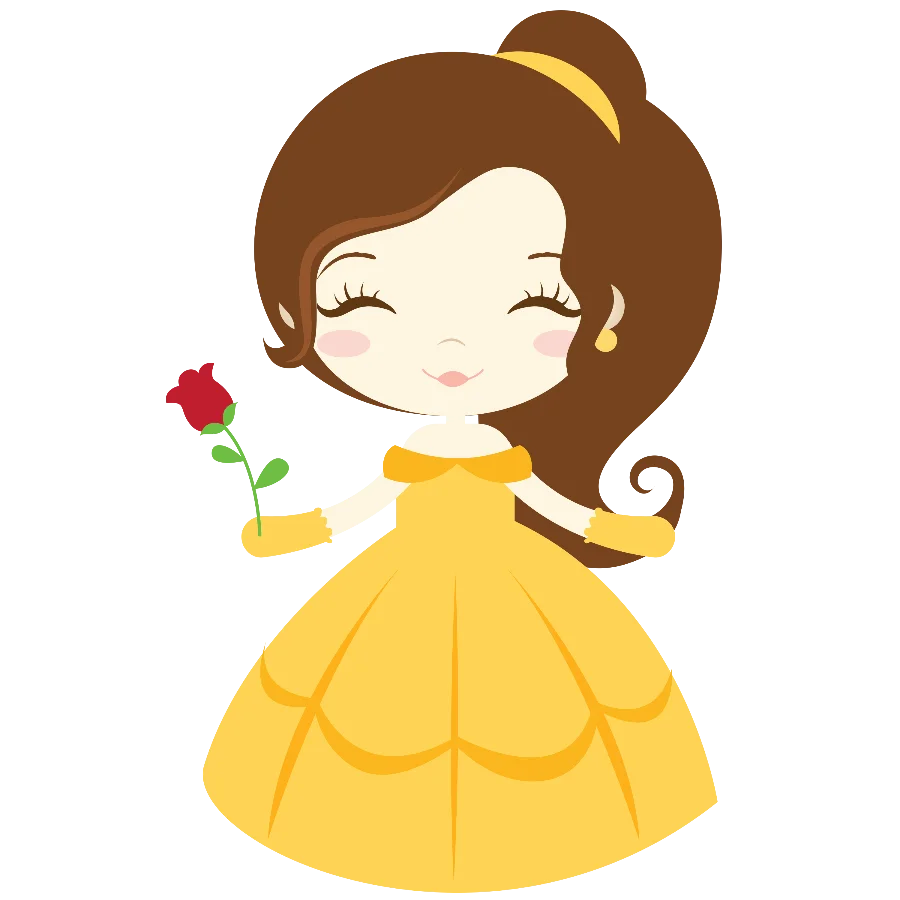 Adorable Belle-Inspired Princess Cartoon Clipart with Rose and Elegant Gown