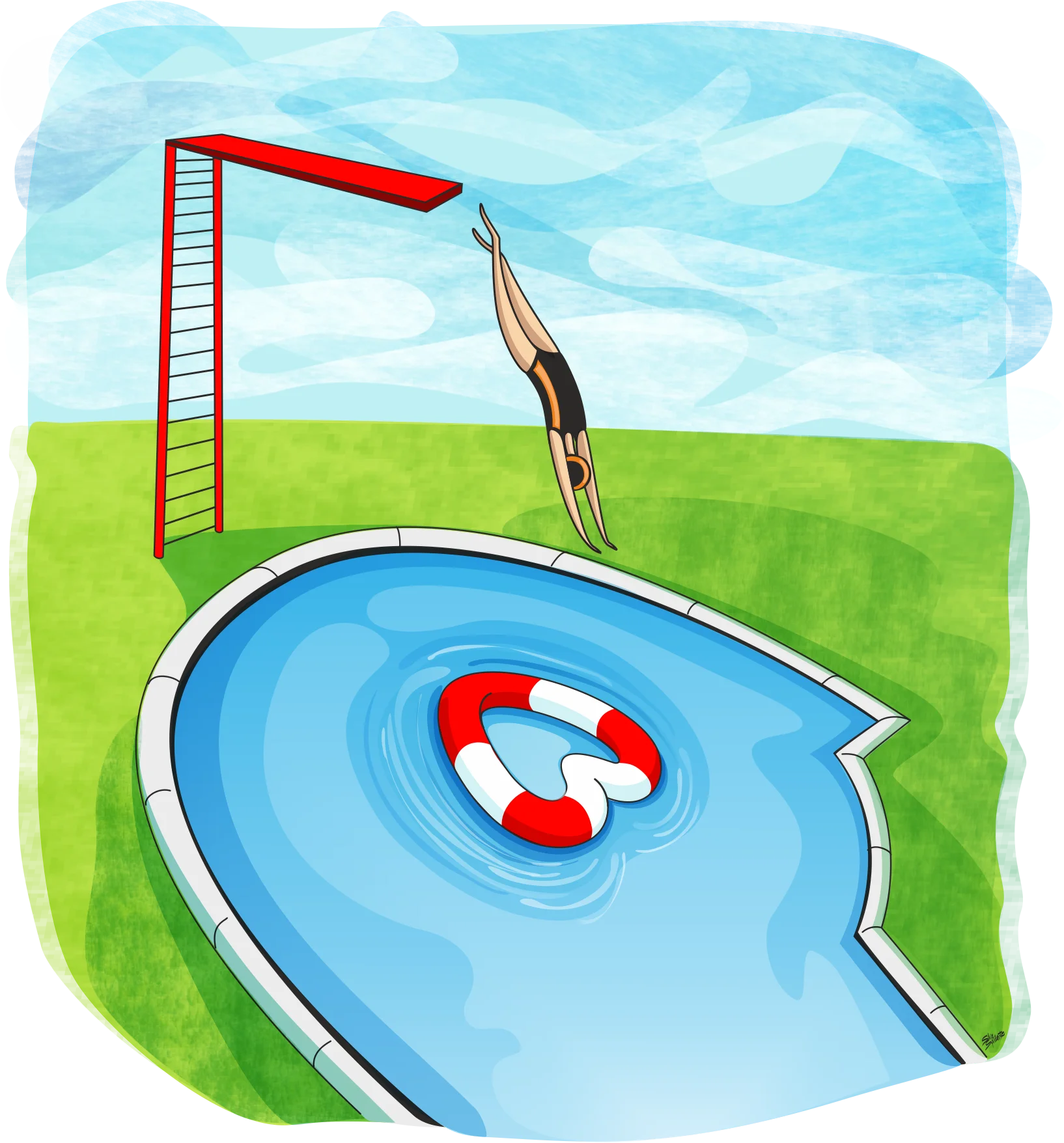 Diving into Safety: A Whimsical Swimming Pool Rescue Clipart Illustration