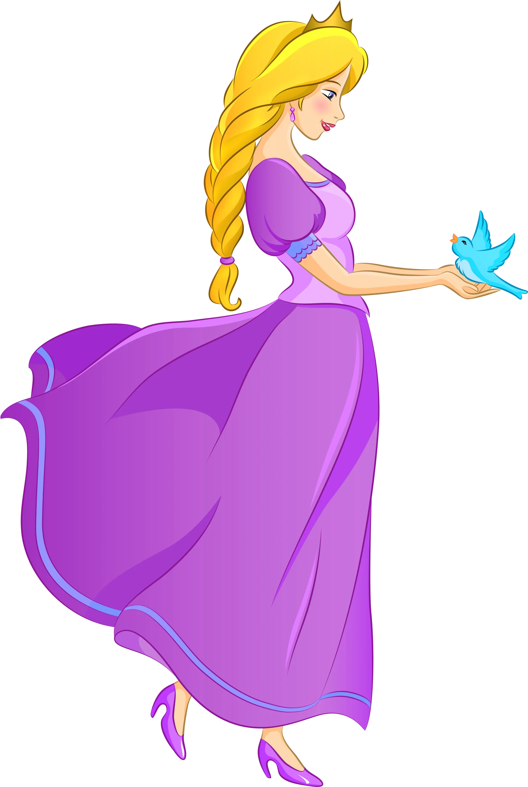 Enchanting Fairytale Princess in Purple Gown with Blue Bird Clipart Illustration