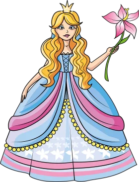 Enchanting Fairytale Princess with Golden Locks and Delicate Flower Clipart Illustration
