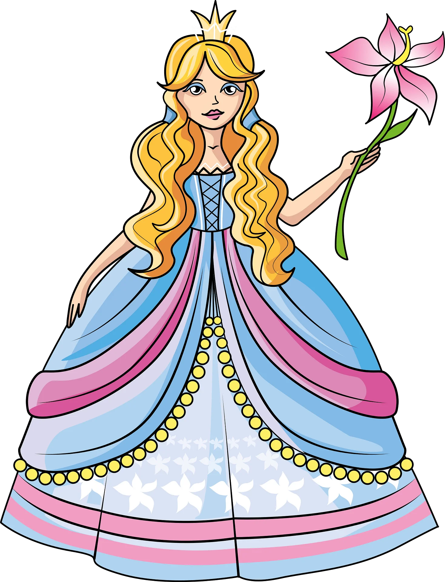 Enchanting Fairytale Princess with Golden Locks and Delicate Flower Clipart Illustration
