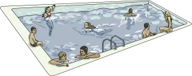 Illustrated Swimming Pool Scene with Multiple Swimmers Enjoying Recreational Clipart
