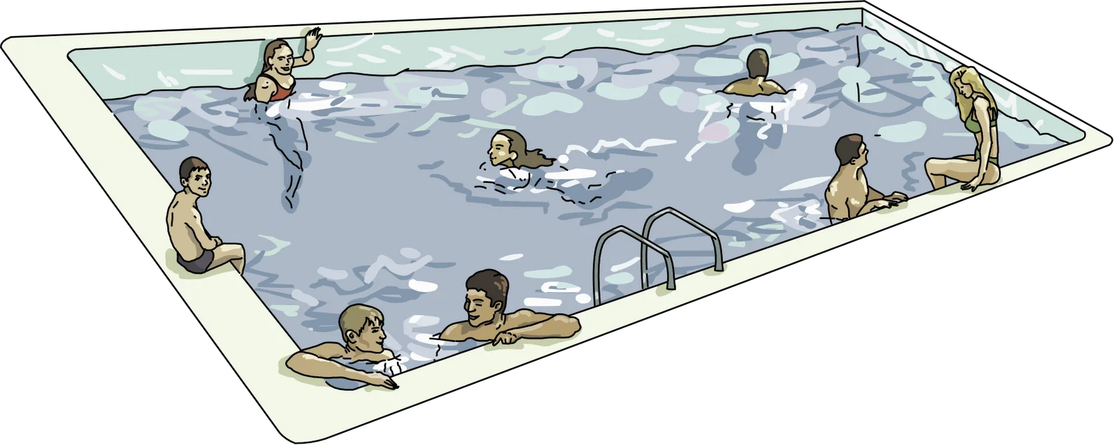 Illustrated Swimming Pool Scene with Multiple Swimmers Enjoying Recreational Clipart