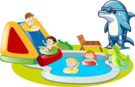 Playful Kids Enjoying Summer Fun Water Slide Splash Clipart Design