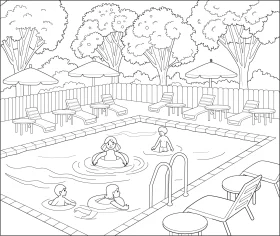 Serene Backyard Swimming Pool Scene Line Art Clipart for Relaxation