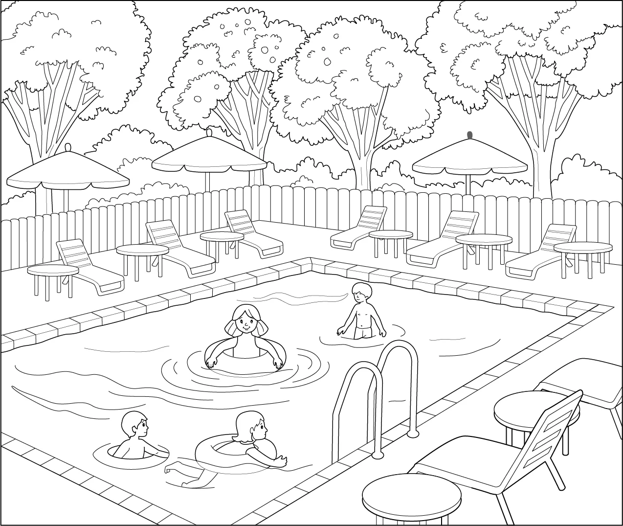 Serene Backyard Swimming Pool Scene Line Art Clipart for Relaxation