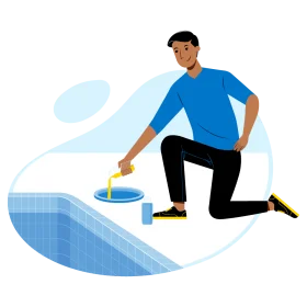 Stylized Swimming Pool Maintenance Clipart with Cleaning Professional