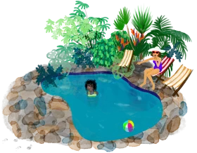 Tropical Backyard Oasis Swimming Pool Clipart with Lush Landscape Design