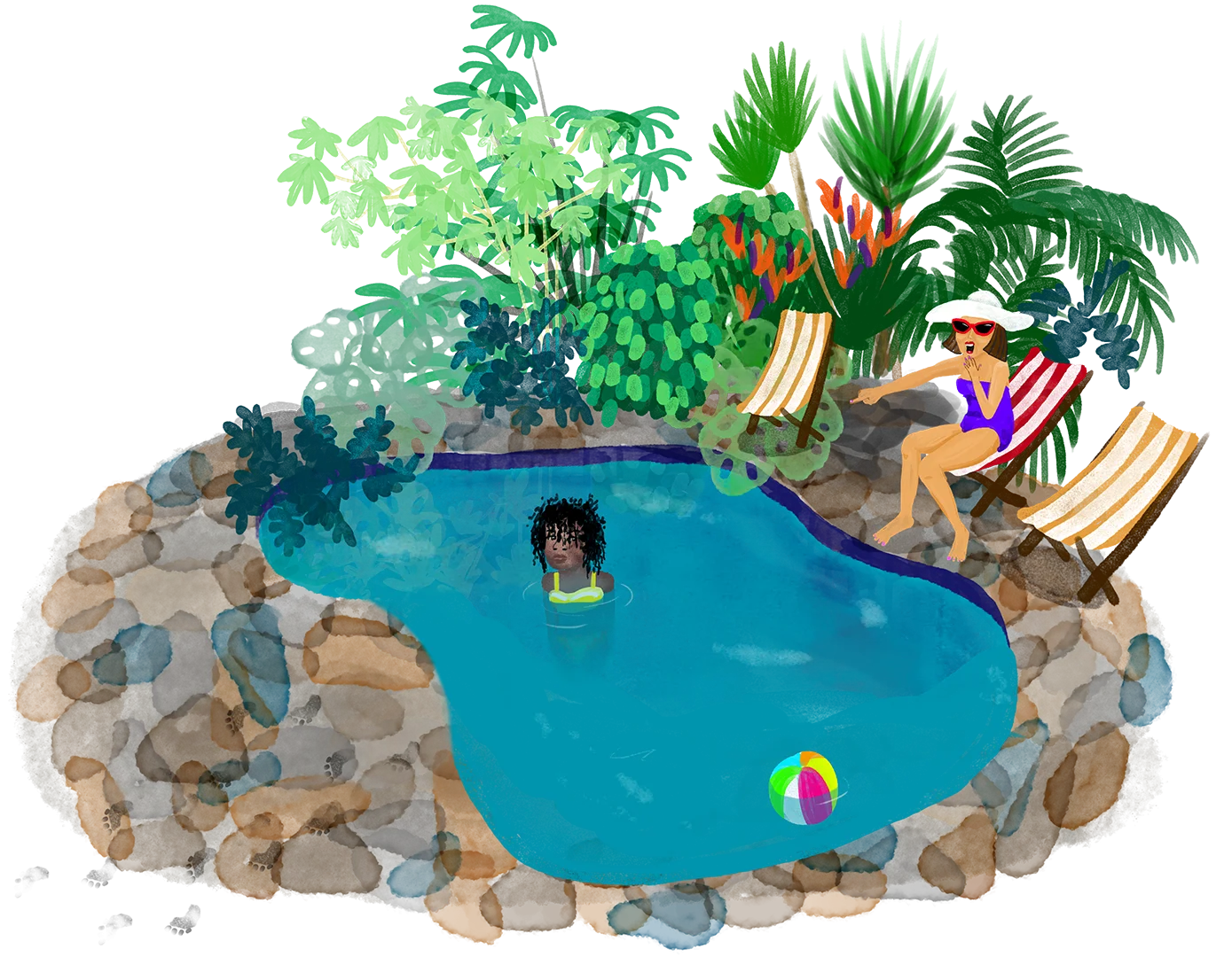 Tropical Backyard Oasis Swimming Pool Clipart with Lush Landscape Design
