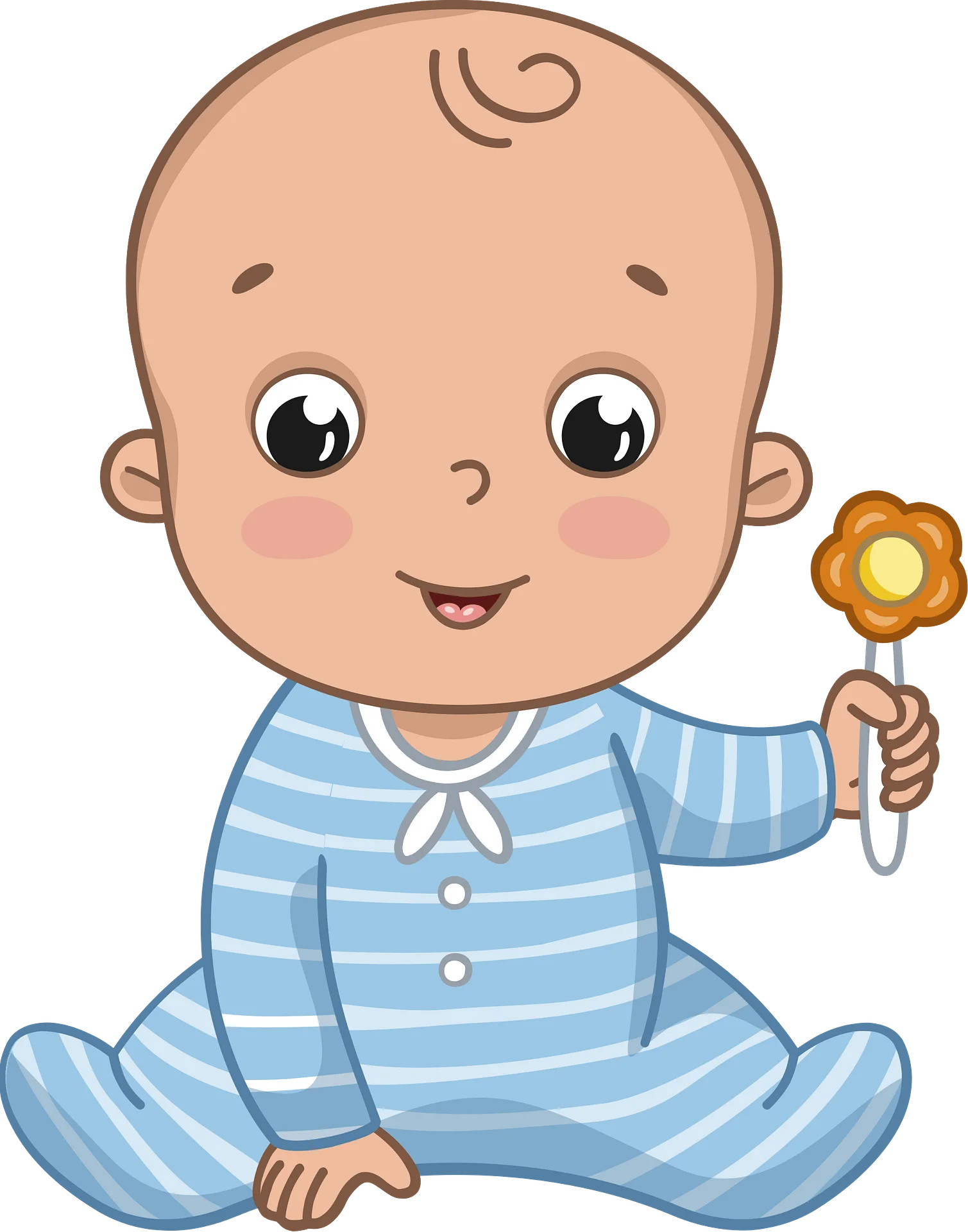Adorable Baby Boy in Blue Striped Pajamas Holding Sunny Flower Clipart Illustration