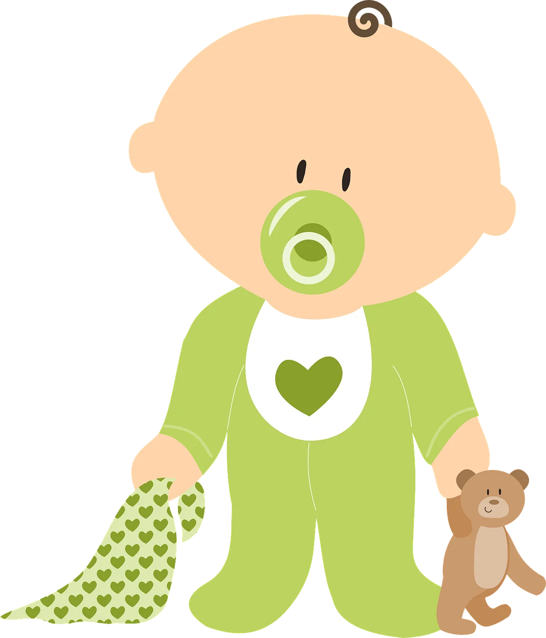 Adorable Baby Clipart with Teddy Bear, Pacifier, and Heart-Themed Onesie