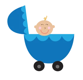 Adorable Blue Baby Stroller Clipart with Smiling Infant Illustration