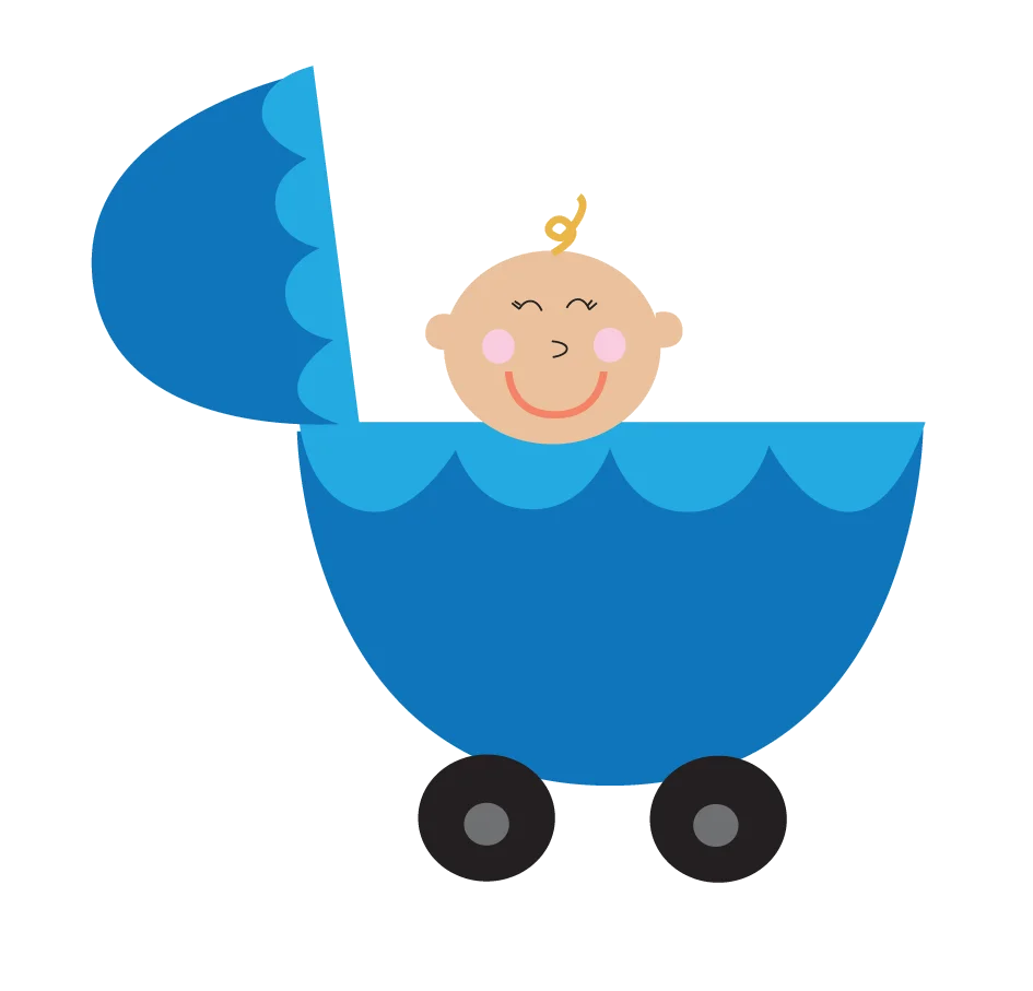 Adorable Blue Baby Stroller Clipart with Smiling Infant Illustration