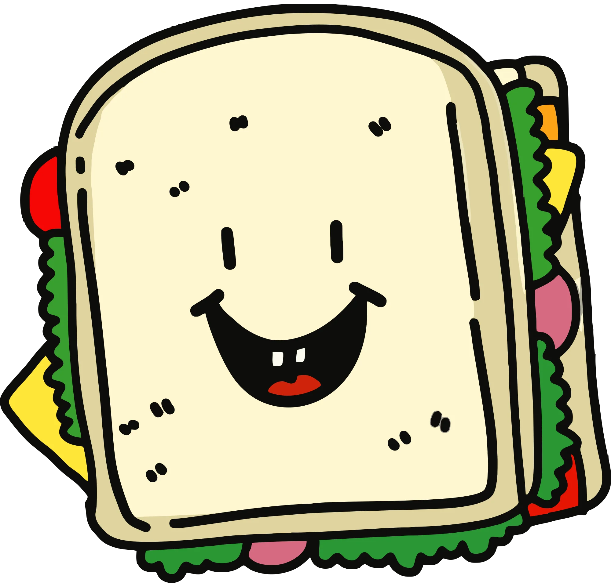 Cheerful Cartoon Sandwich Clipart with Playful Smiling Face and Colorful Ingredients