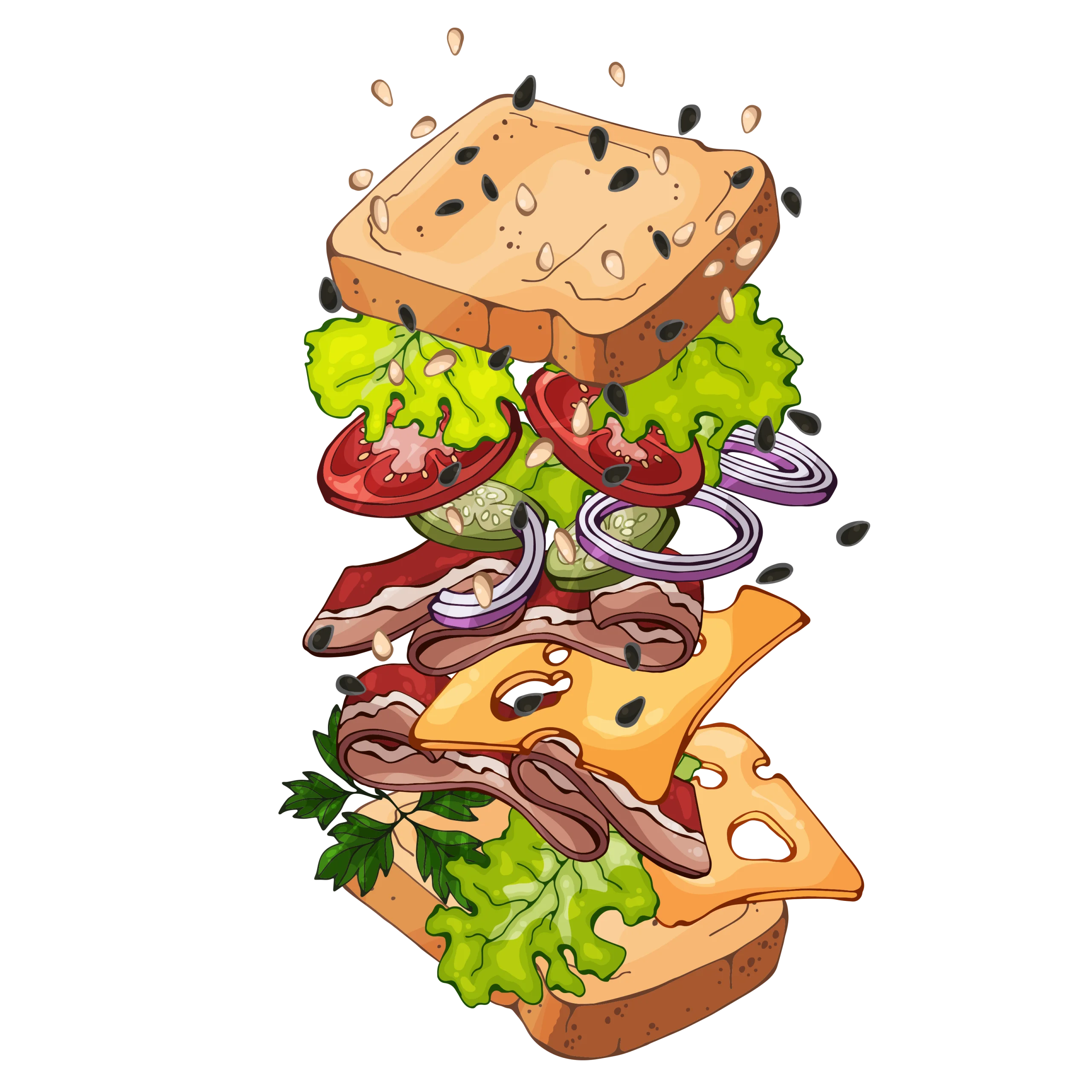 Exploded Gourmet Sandwich Clipart with Layered Delicious Ingredients