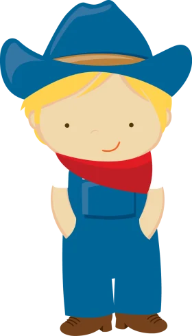 Adorable Blonde Cowboy Kid in Blue Hat and Overalls Cartoon Clipart