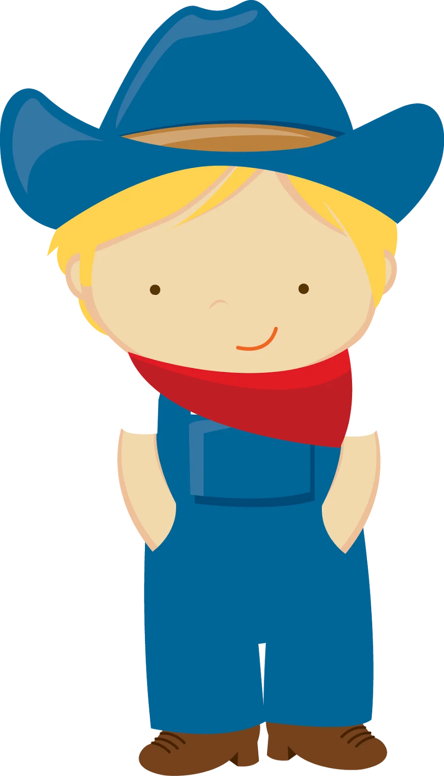Adorable Blonde Cowboy Kid in Blue Hat and Overalls Cartoon Clipart