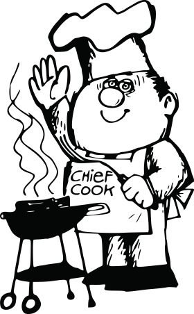 Cheerful Chef Cooking Outdoors BBQ Grill Cartoon Clipart Illustration