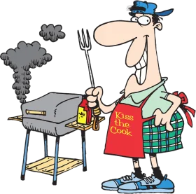Humorous Cartoon BBQ Chef Preparing Grill with Smoke and Cooking Gear Clipart