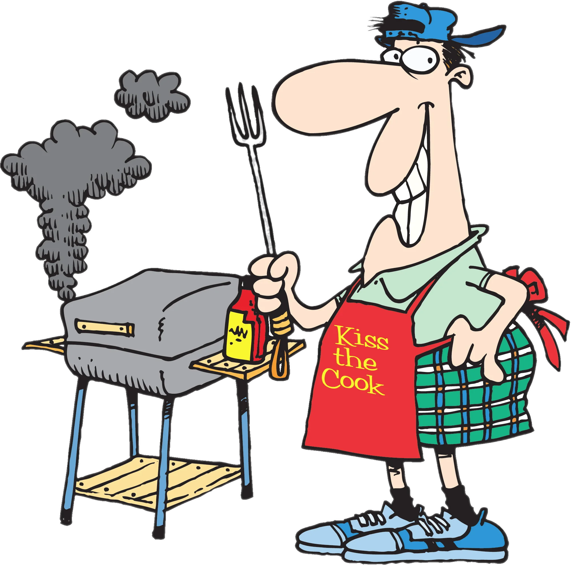 Humorous Cartoon BBQ Chef Preparing Grill with Smoke and Cooking Gear Clipart