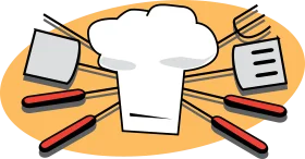 Professional Chef's BBQ Clipart Illustration with Cooking Utensils and Tall Hat