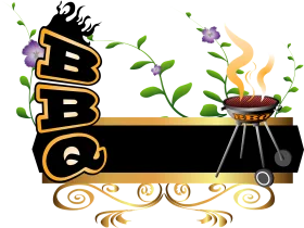 Sizzling BBQ Grill Clipart: Stylish Outdoor Cooking Illustration with Flame and Greenery