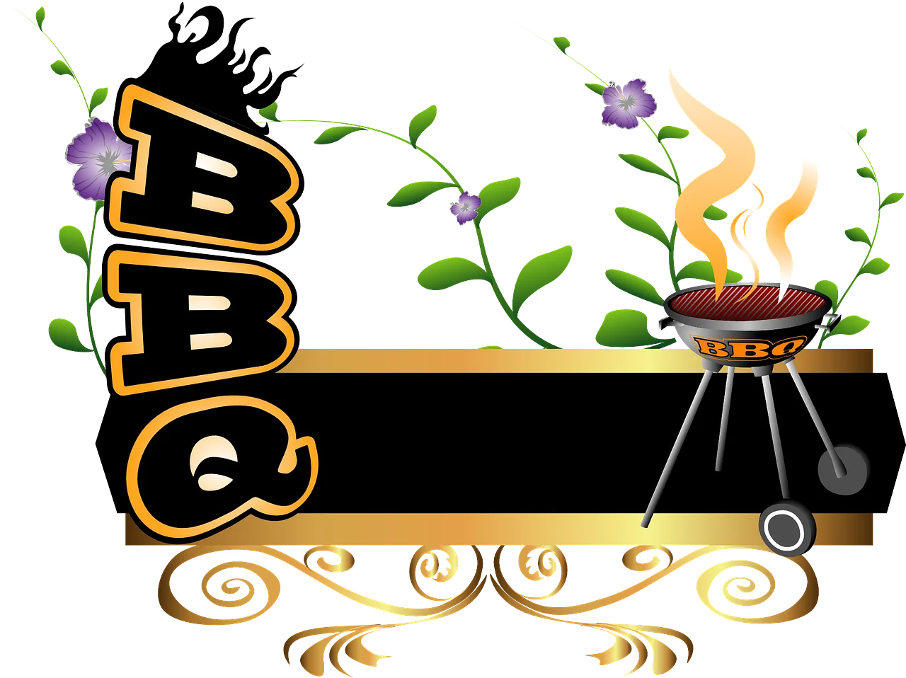Sizzling BBQ Grill Clipart: Stylish Outdoor Cooking Illustration with Flame and Greenery