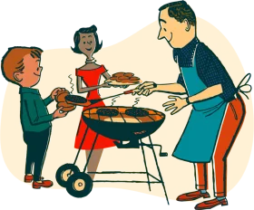 Vintage Family Barbecue Clipart: Outdoor Grilling Nostalgia from Mid-Century Era
