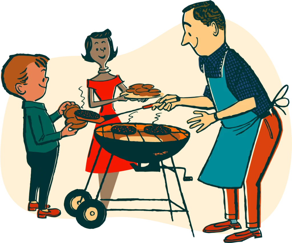 Vintage Family Barbecue Clipart: Outdoor Grilling Nostalgia from Mid-Century Era