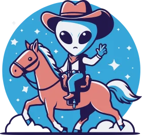 Whimsical Extraterrestrial Cowboy Riding Horse Across Starry Western Clipart Design