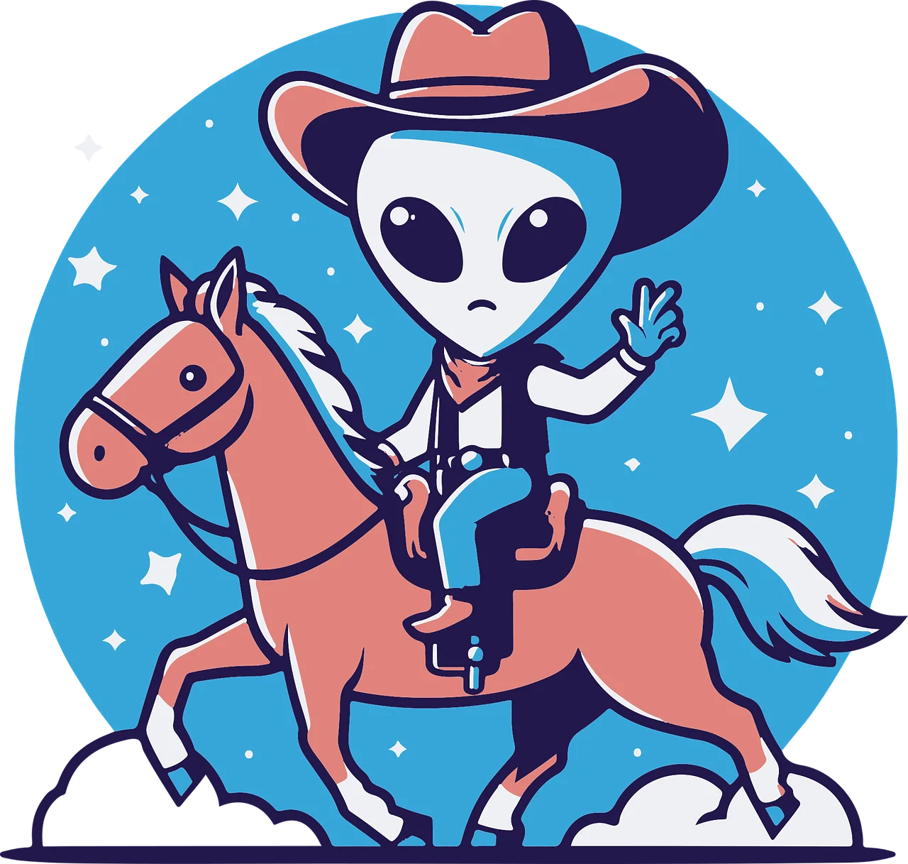Whimsical Extraterrestrial Cowboy Riding Horse Across Starry Western Clipart Design