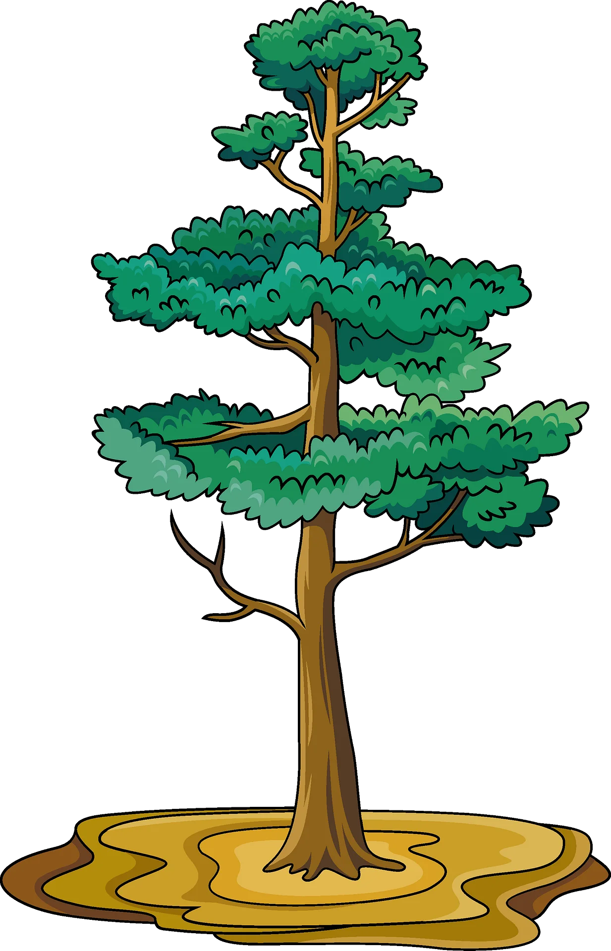 Whimsical Green Pine Tree Clipart with Layered Branches and Artistic Style
